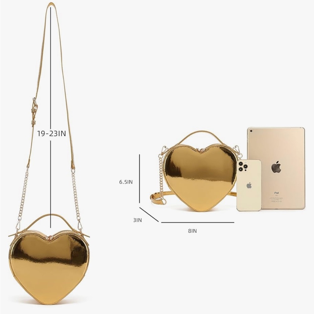 Metallic Gold Heart Shaped Crossbody Handbag Purse - Picture 2 of 3